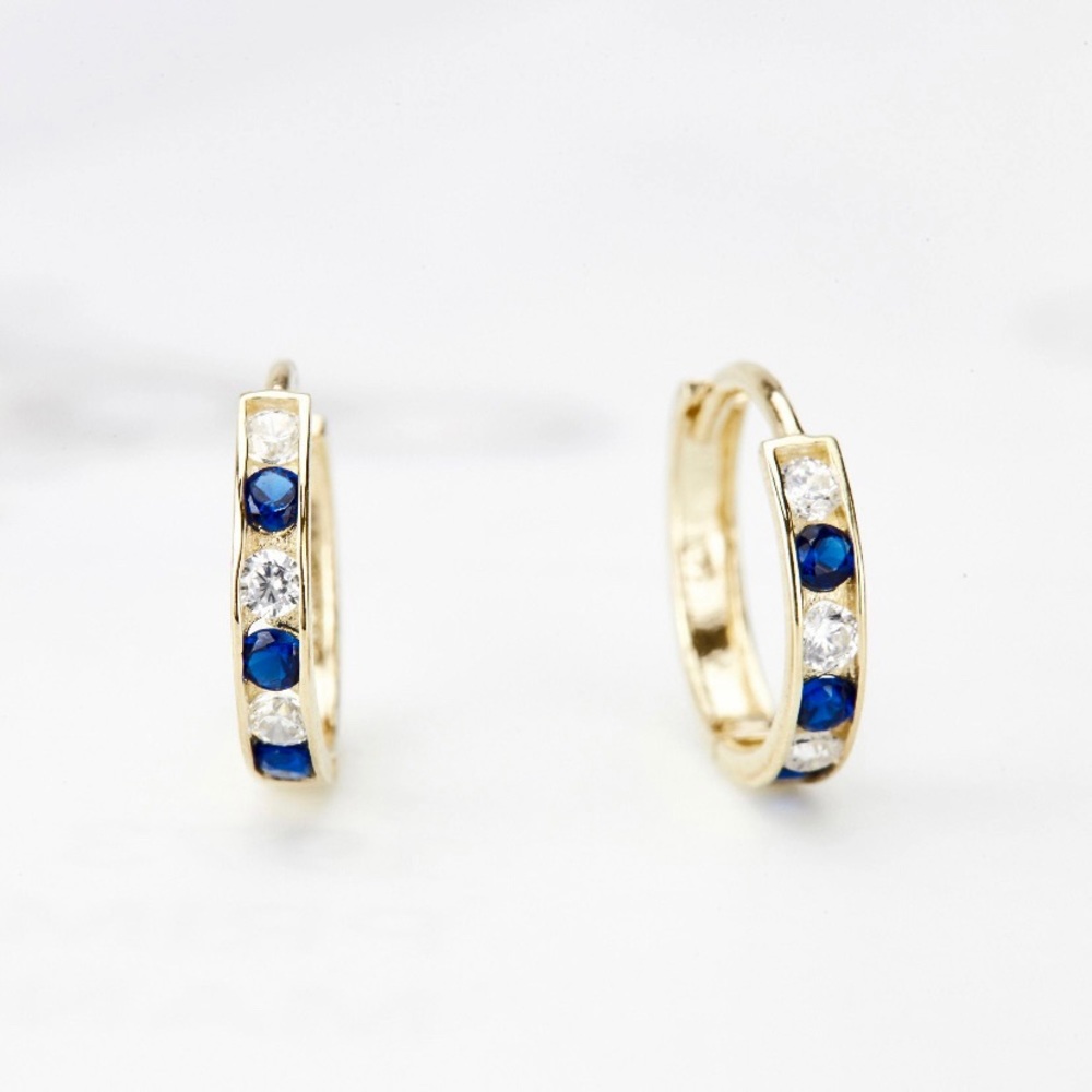 14K Yellow Gold Genuine Sapphire Channel Set Diamond Huggie Hoop Earrings